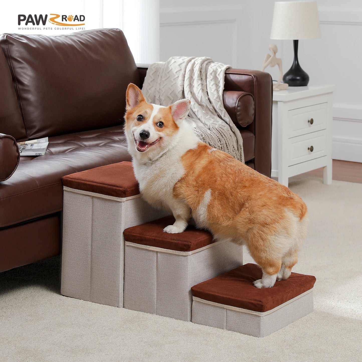 3-Tier Dog Stairs Foldable Pet Stair with Storage Box