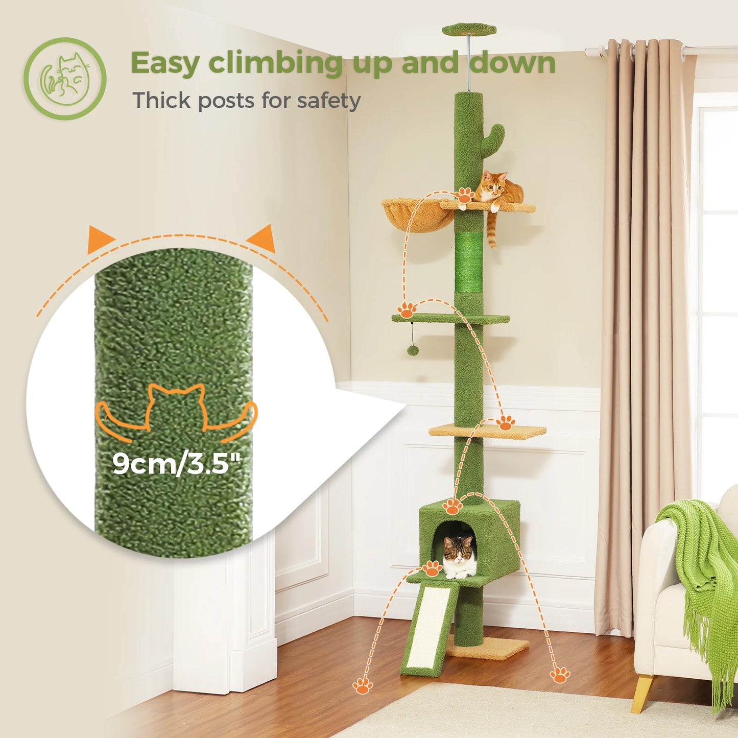 Adjustable Height 210-274CM Cat Tree Floor to Ceiling Tall Cat Tower with Cozy Condo and Scratching Post