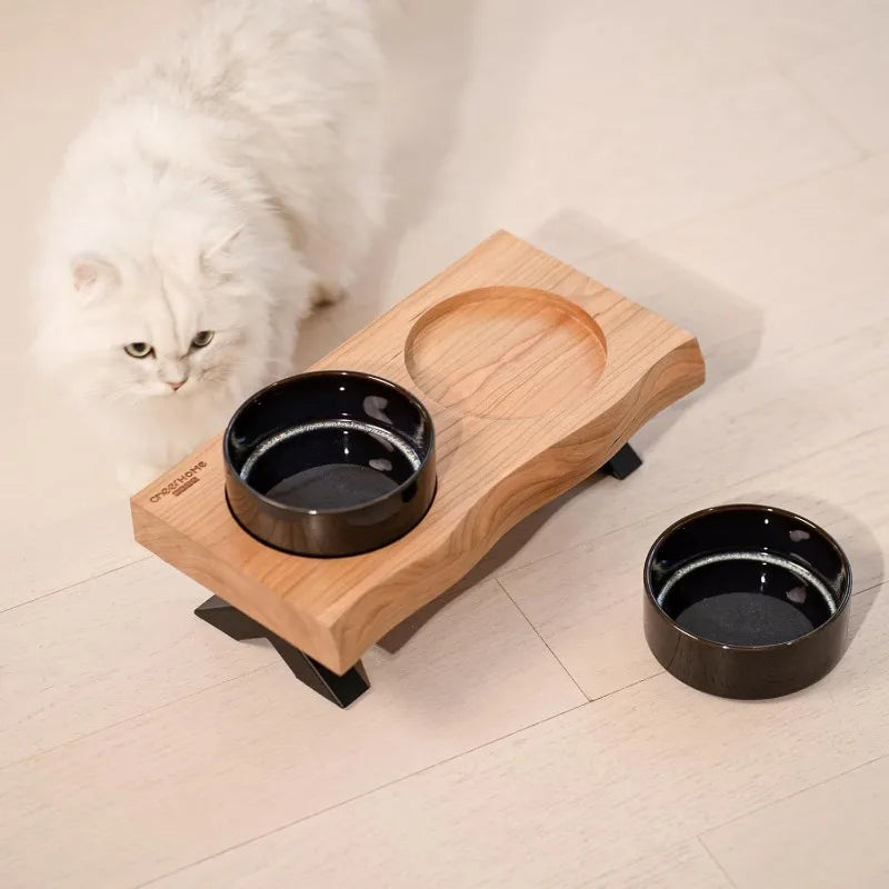 Raised Cat Ceramic Bowls for Small Dog with Wooden Stand