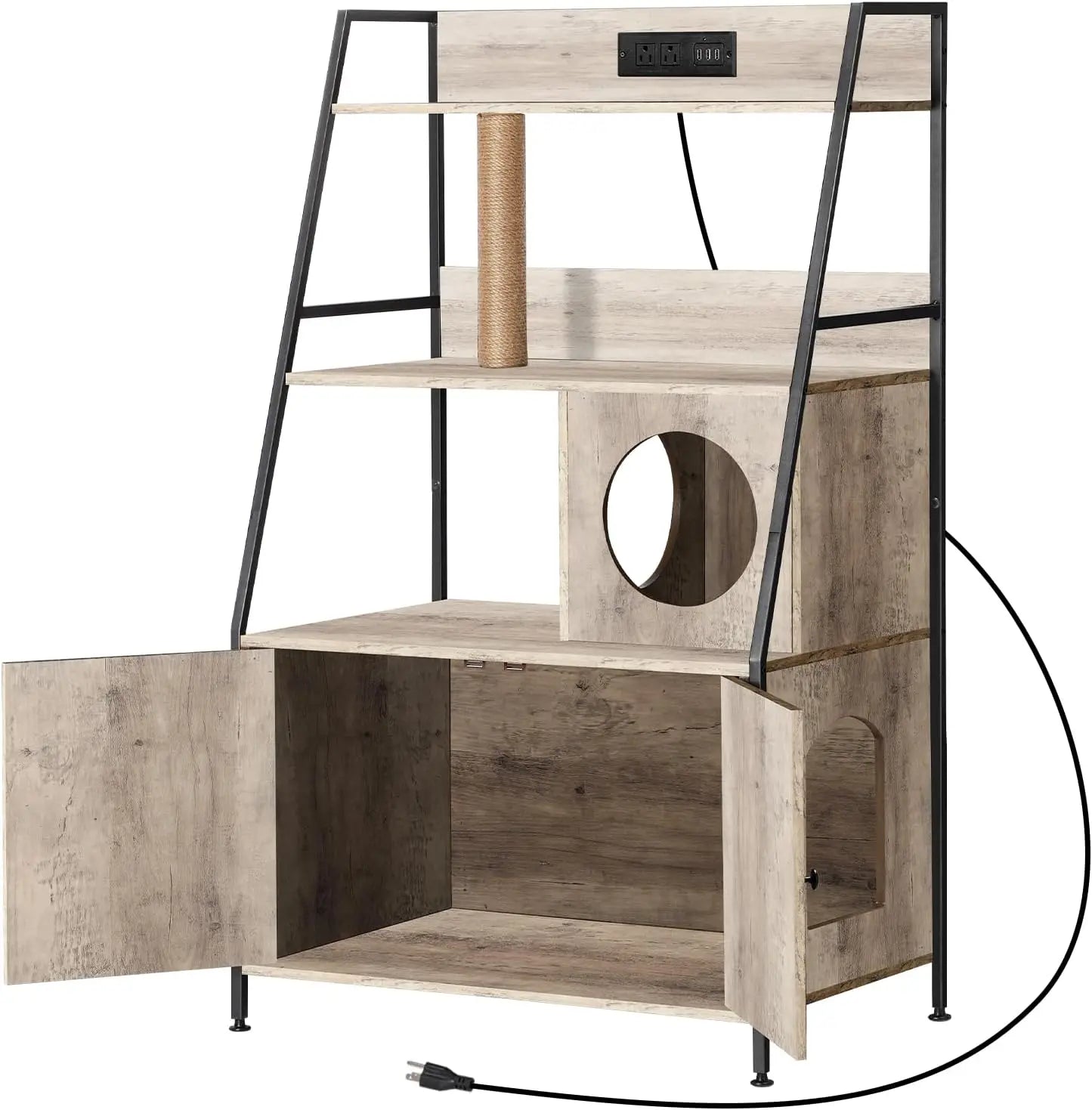 Cat Litter Box Enclosure with 2 Storage Shelves and Cat Tree