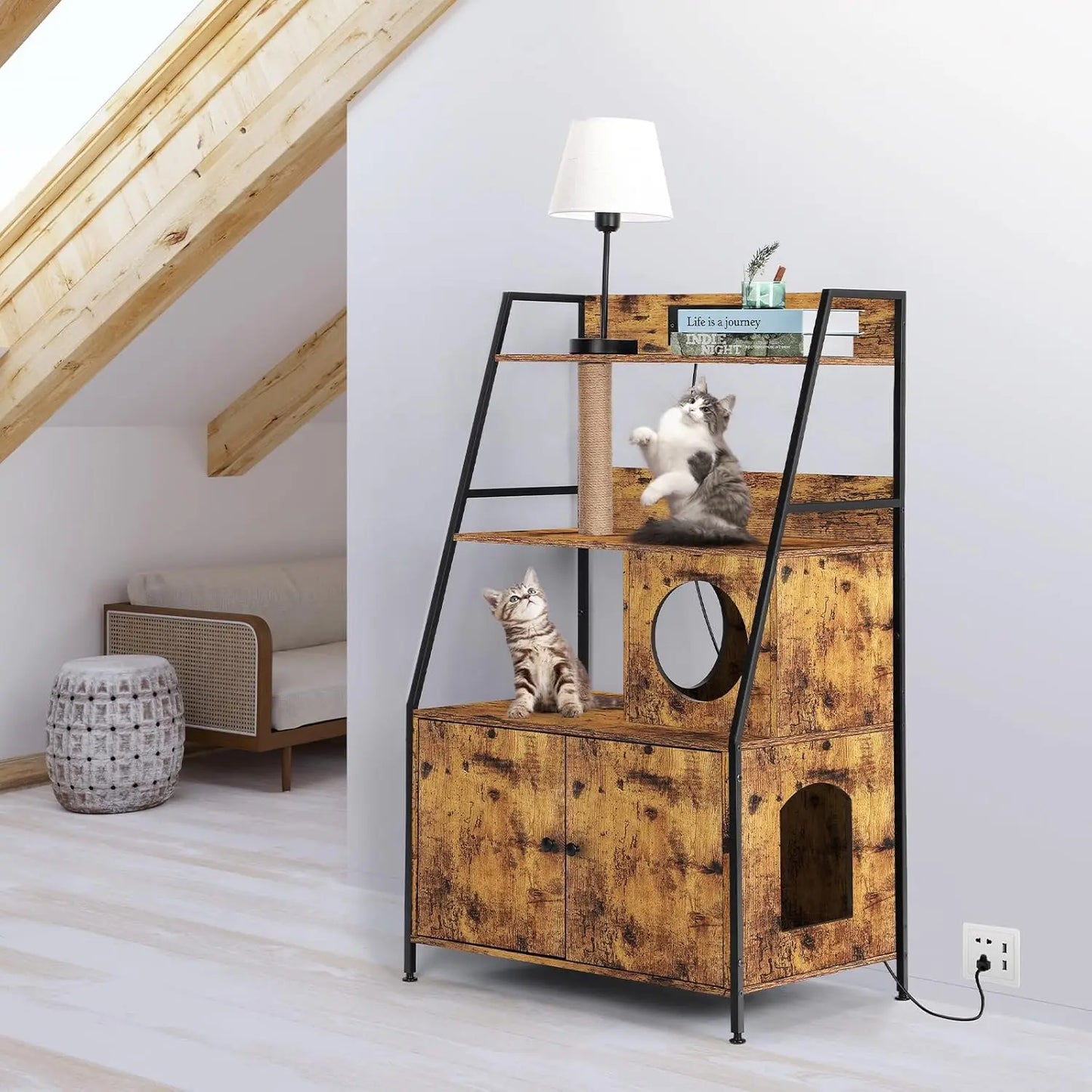 Cat Litter Box Enclosure with 2 Storage Shelves and Cat Tree