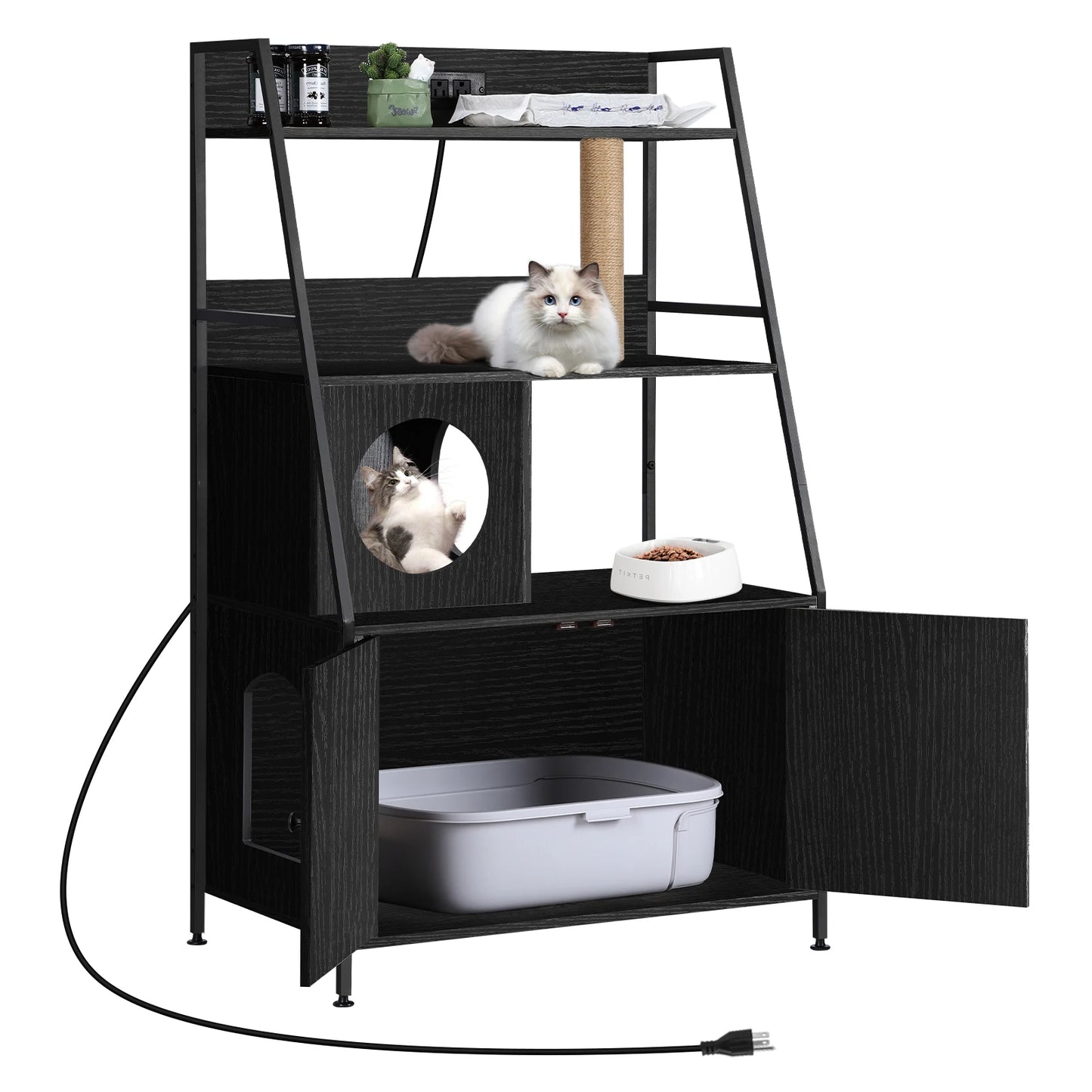 Cat Litter Box Enclosure with 2 Storage Shelves and Cat Tree
