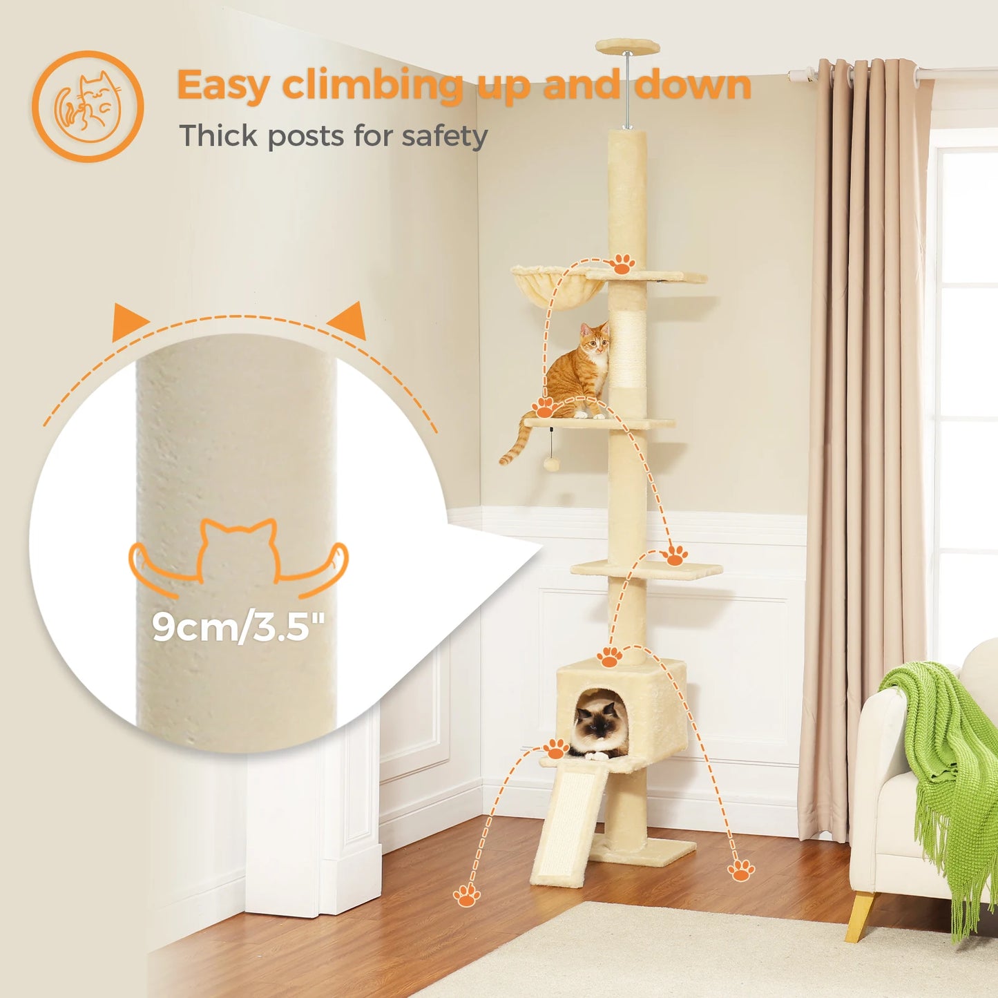 Adjustable Height 210-274CM Cat Tree Floor to Ceiling Tall Cat Tower with Cozy Condo and Scratching Post