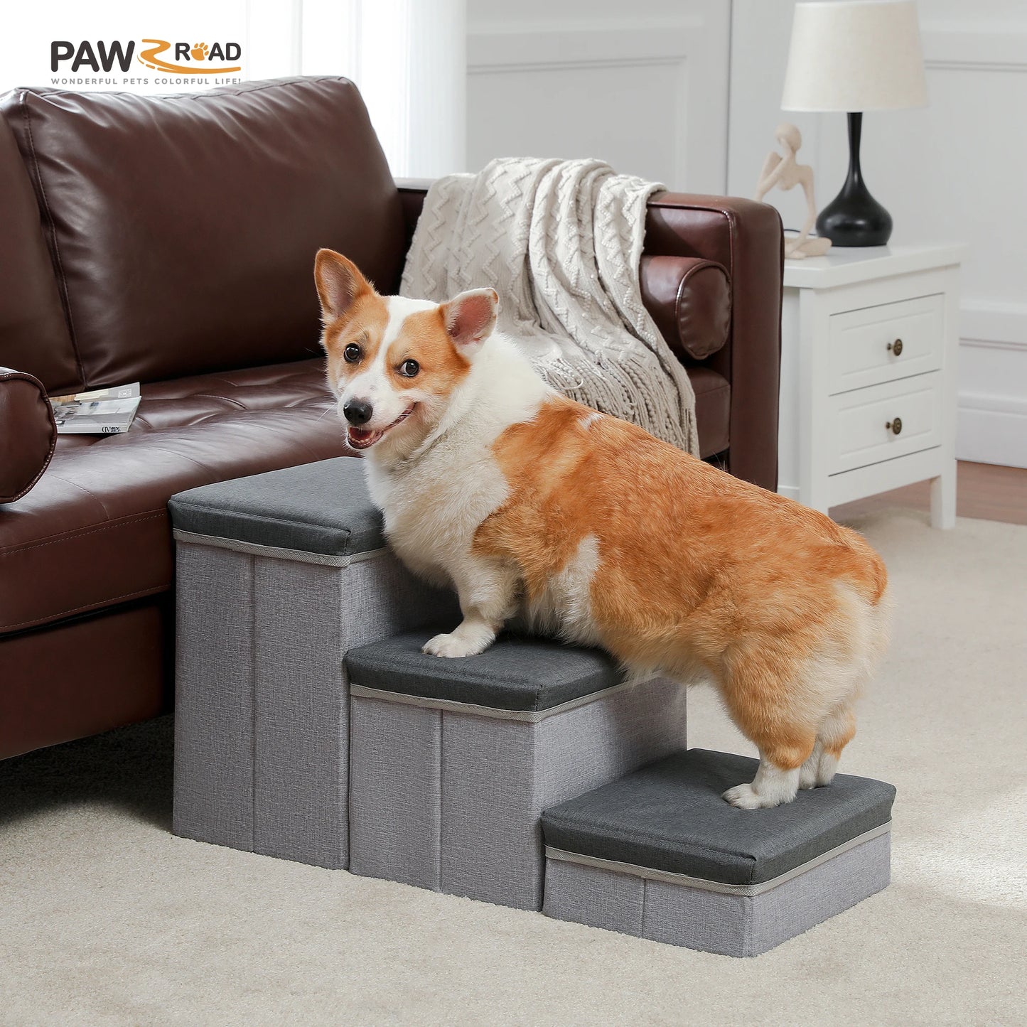 3-Tier Dog Stairs Foldable Pet Stair with Storage Box