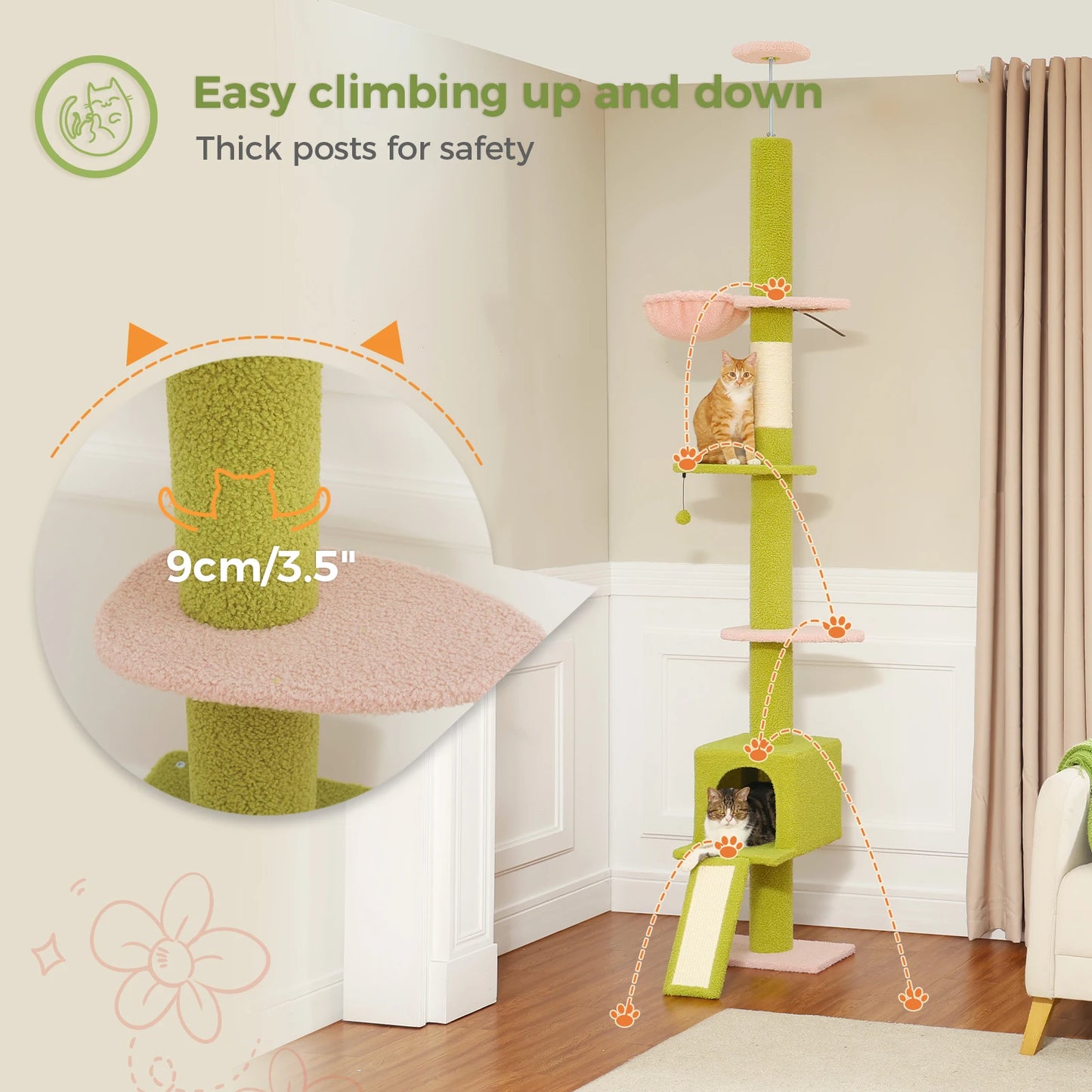 Adjustable Height 210-274CM Cat Tree Floor to Ceiling Tall Cat Tower with Cozy Condo and Scratching Post