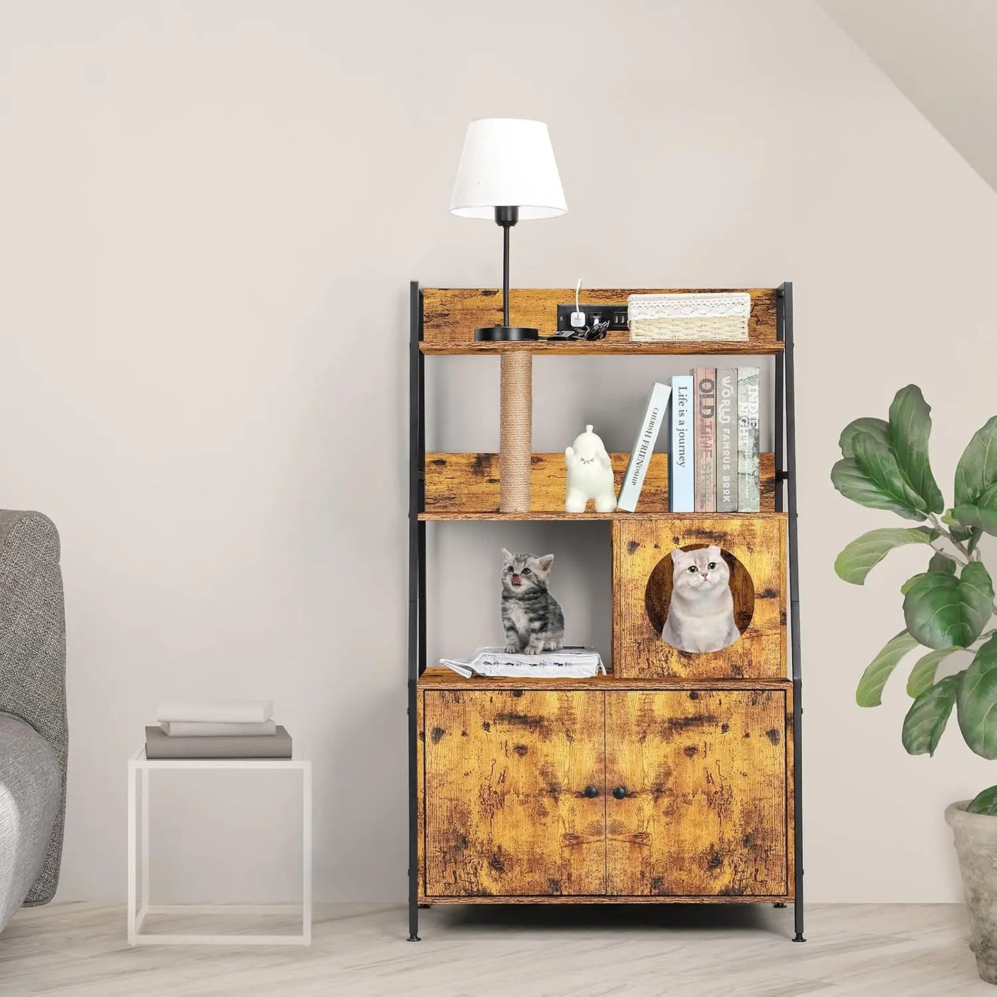 Cat Litter Box Enclosure with 2 Storage Shelves and Cat Tree