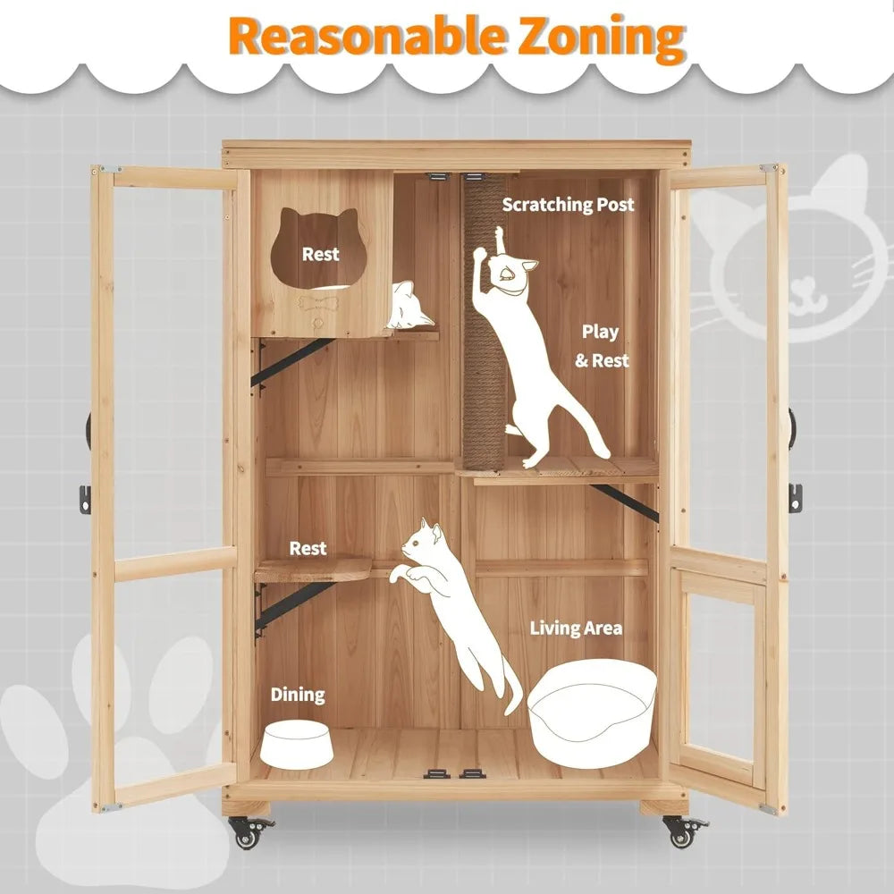 Wooden Large Cat Villa with Wheels with Escape Door