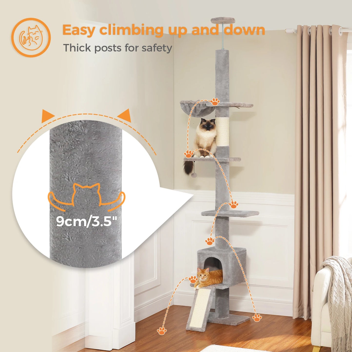 Adjustable Height 210-274CM Cat Tree Floor to Ceiling Tall Cat Tower with Cozy Condo and Scratching Post
