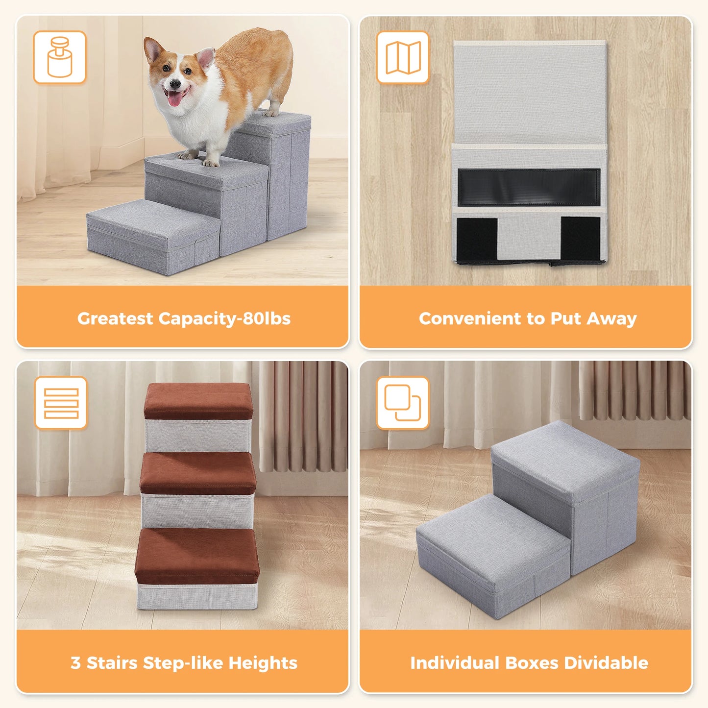 3-Tier Dog Stairs Foldable Pet Stair with Storage Box