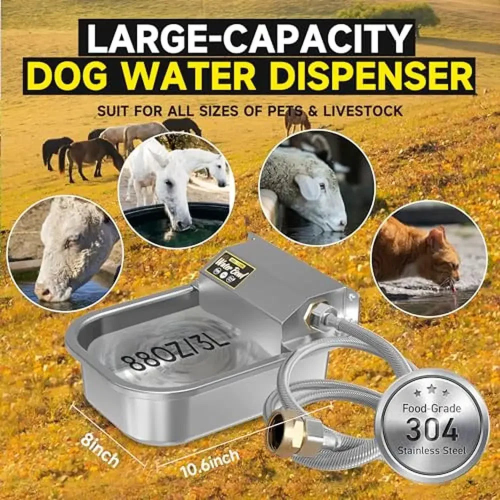 Stainless Steel Automatic Water Dispenser Bowl 88oz Dogs Livestock Outdoor Use