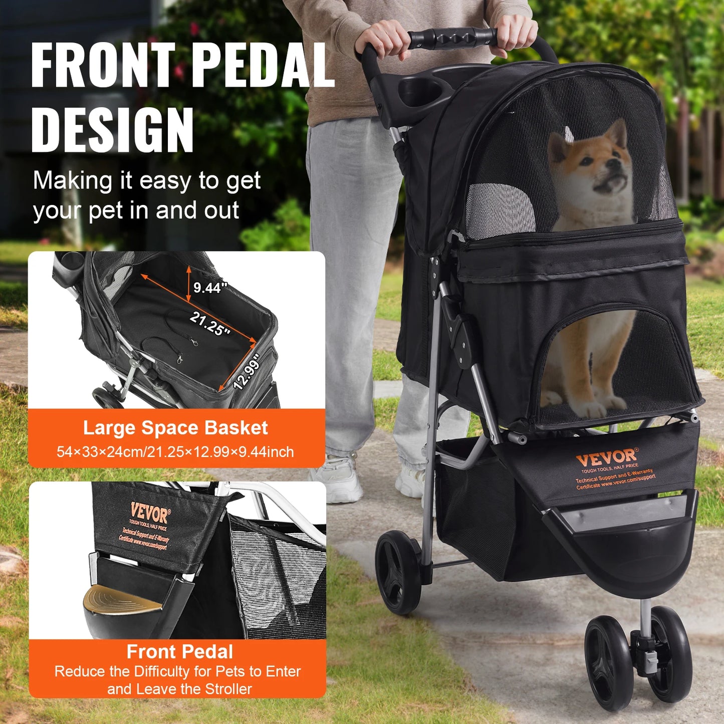 VEVOR 35lbs 3 Wheels Dog Stroller Rotate Black with Basket
