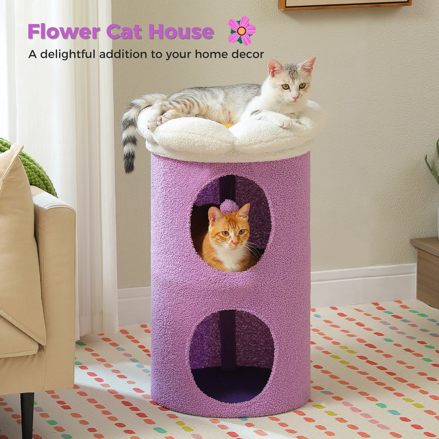 2-Storey Cat Beds for Indoor Cats Large Cat House with Removable Flower Cat Bed, Cute Cat Cave Cat Hideaway Indoor Cat Condo