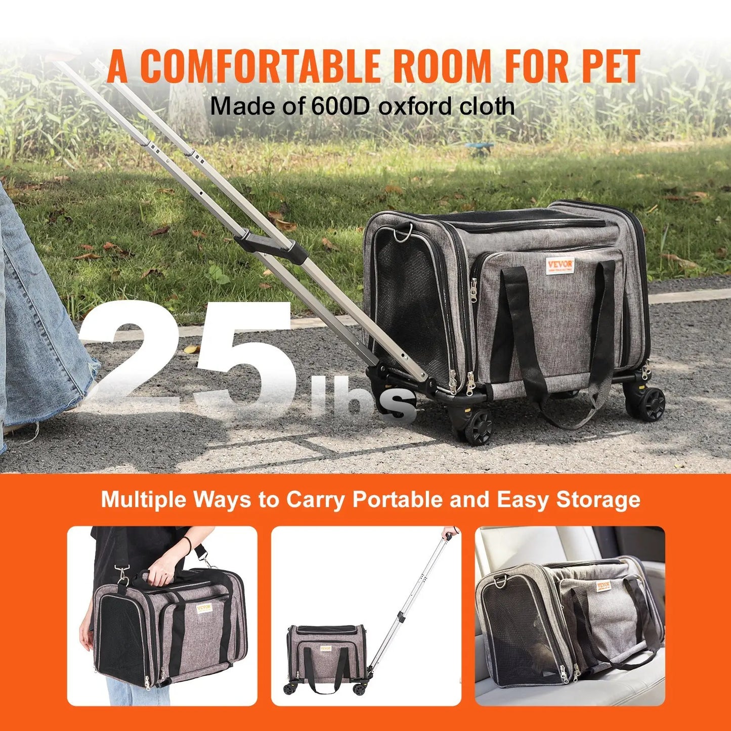 Cat Carrier with Wheels, Airline Approved Rolling Pet Carrier with Telescopic Handle and Shoulder Strap, Dog Carrier with