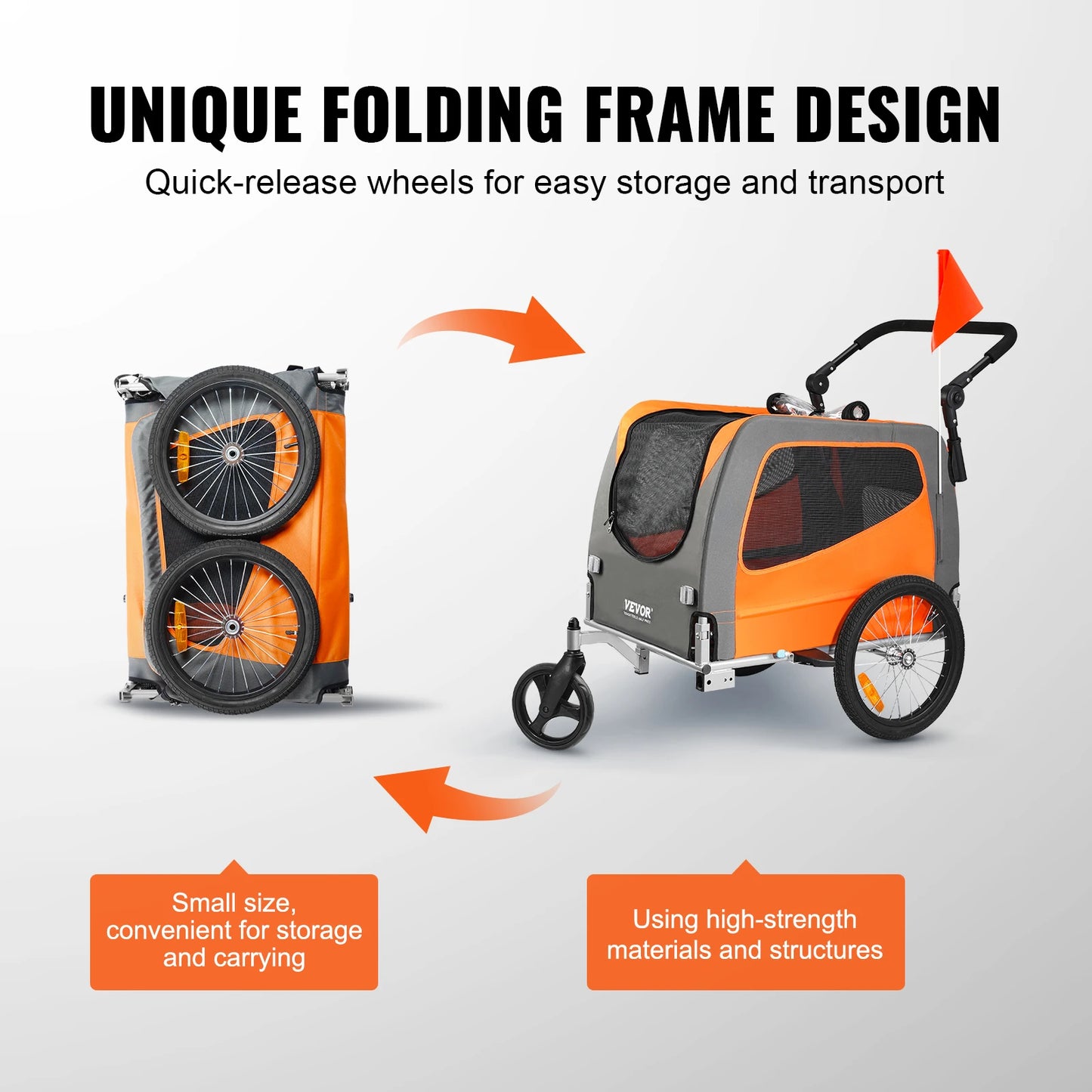 VEVOR 66lbs Dog Bike Trailer 2-in-1 Pet Stroller Carrier
