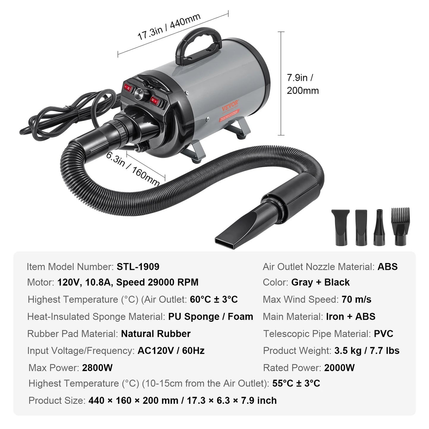 VEVOR 2000W Dog Blow Dryer with Adjustable Speed and Nozzles