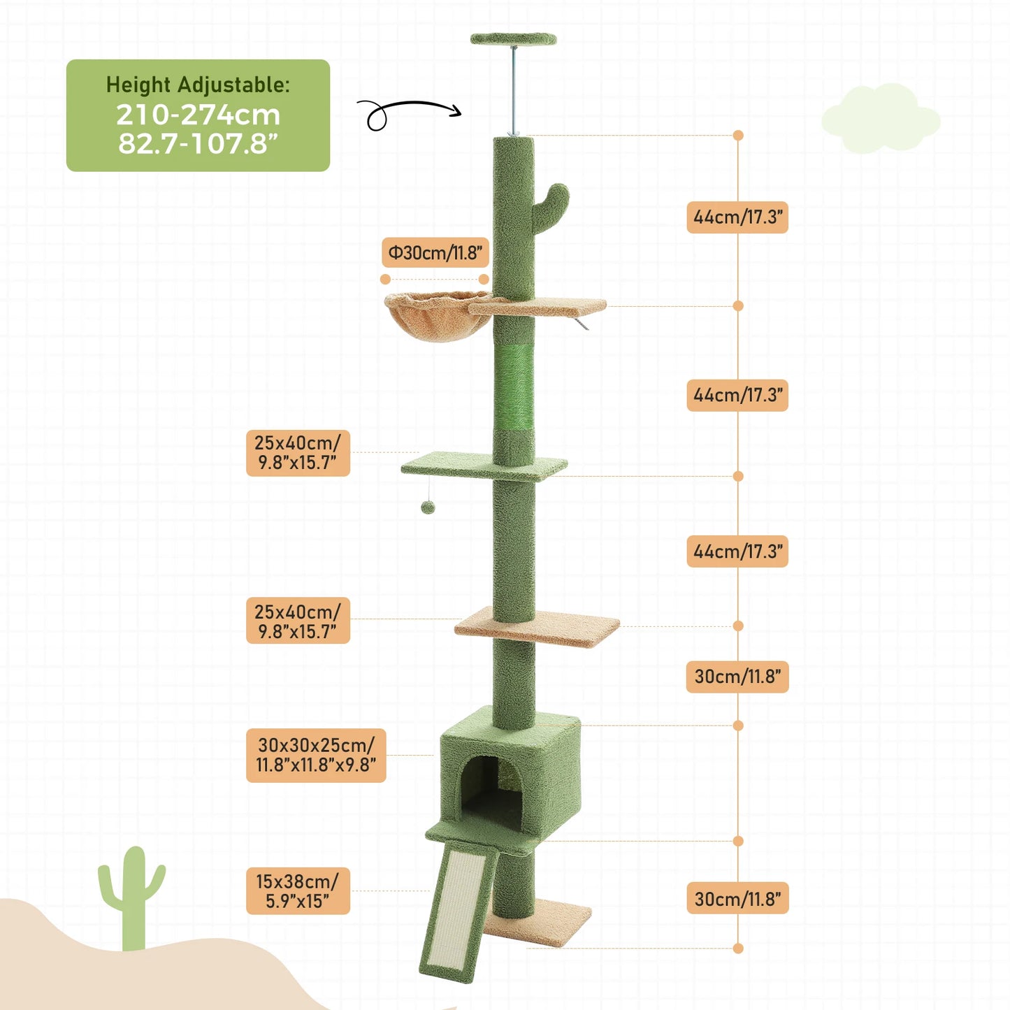Adjustable Height 210-274CM Cat Tree Floor to Ceiling Tall Cat Tower with Cozy Condo and Scratching Post