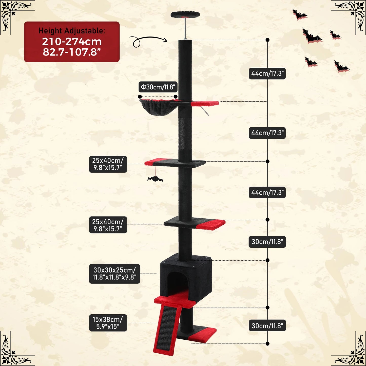 Adjustable Height 210-274CM Cat Tree Floor to Ceiling Tall Cat Tower with Cozy Condo and Scratching Post