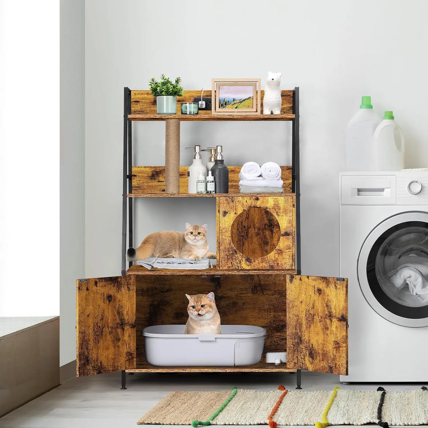 Cat Litter Box Enclosure with 2 Storage Shelves and Cat Tree