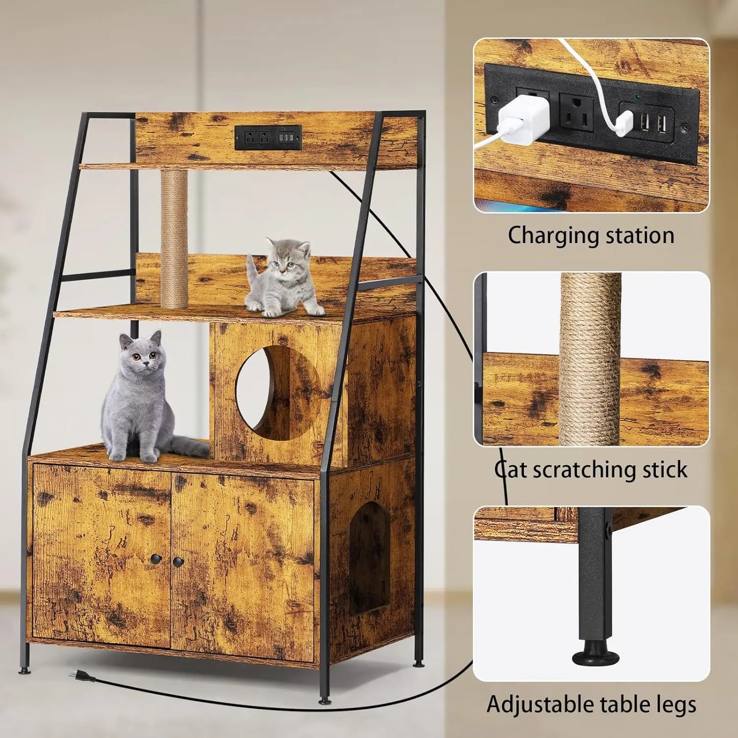 Cat Litter Box Enclosure with 2 Storage Shelves and Cat Tree