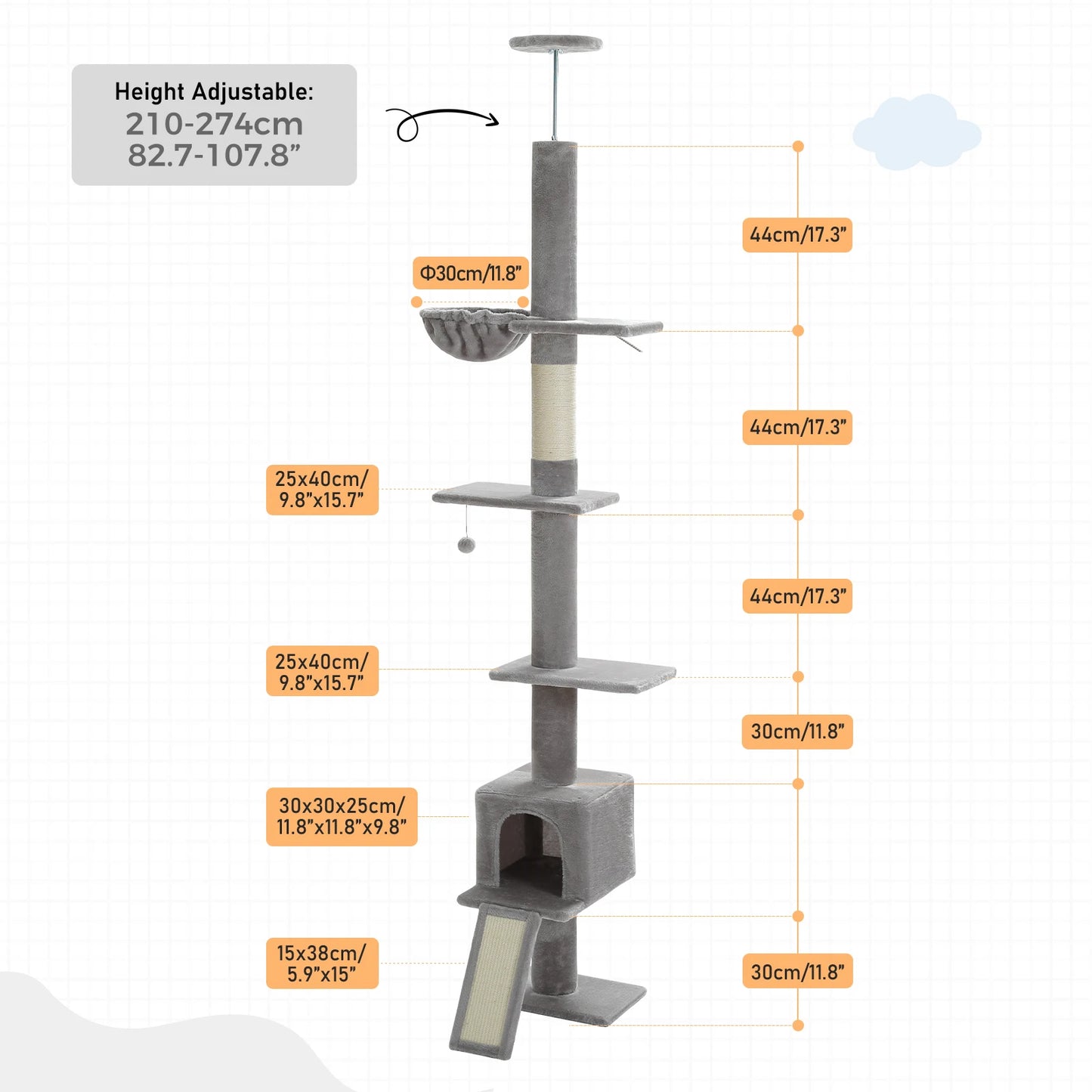 Adjustable Height 210-274CM Cat Tree Floor to Ceiling Tall Cat Tower with Cozy Condo and Scratching Post