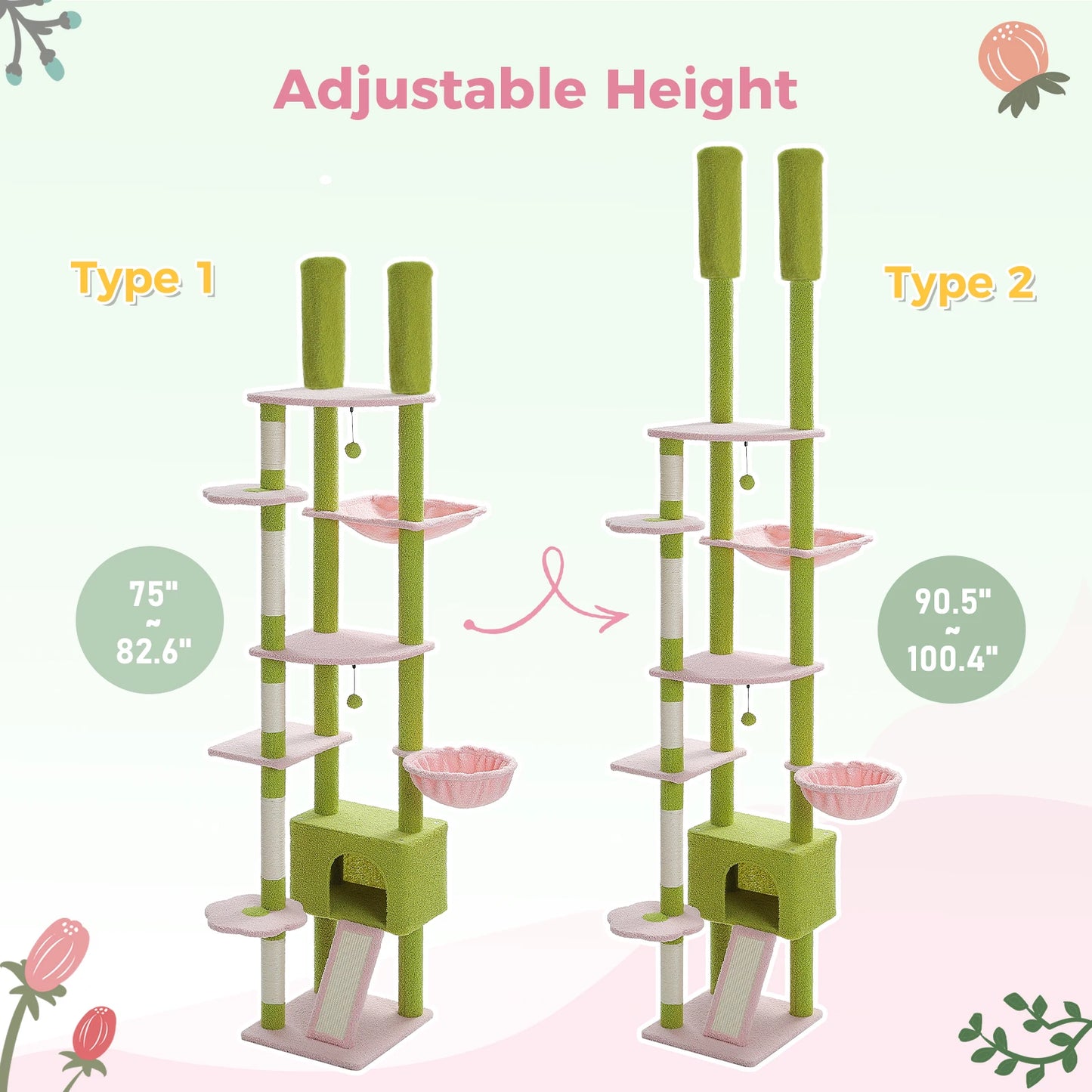 Cactus Cat Tree Floor to Ceiling Cat Tower Adjustable Height