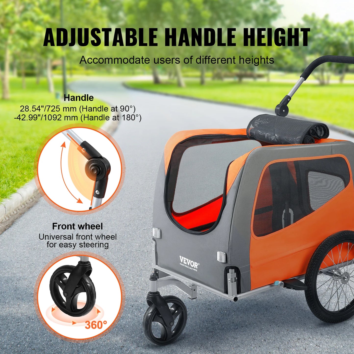VEVOR 66lbs Dog Bike Trailer 2-in-1 Pet Stroller Carrier