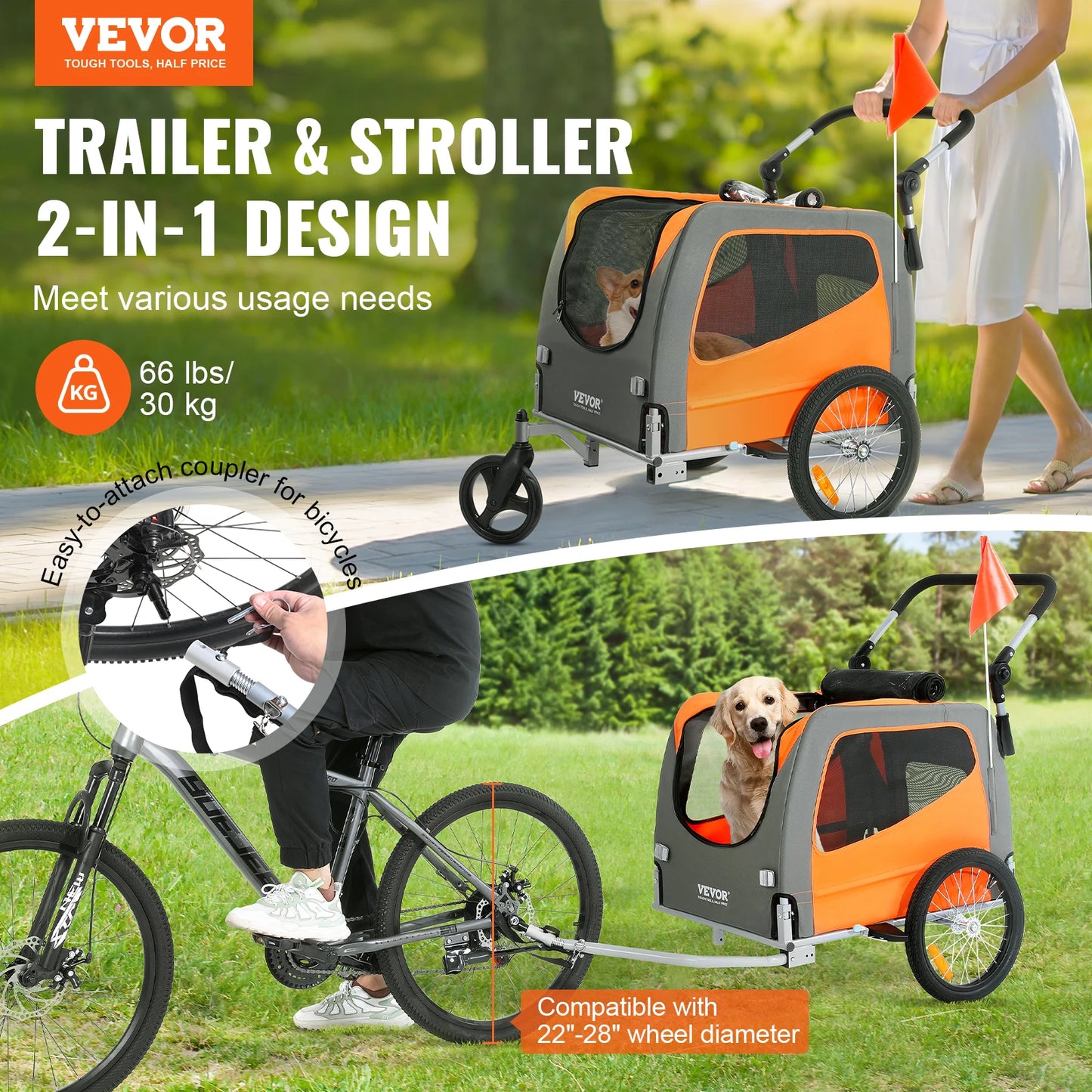 VEVOR 66lbs Dog Bike Trailer 2-in-1 Pet Stroller Carrier