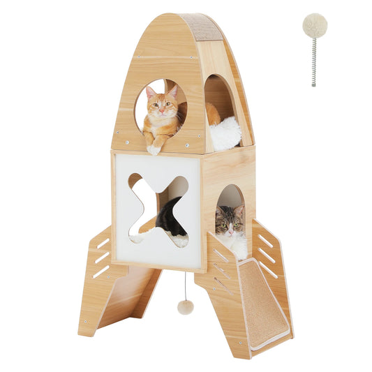Wood Cat Tower for Indoor, Modern Cat Tree with Cozy Condos