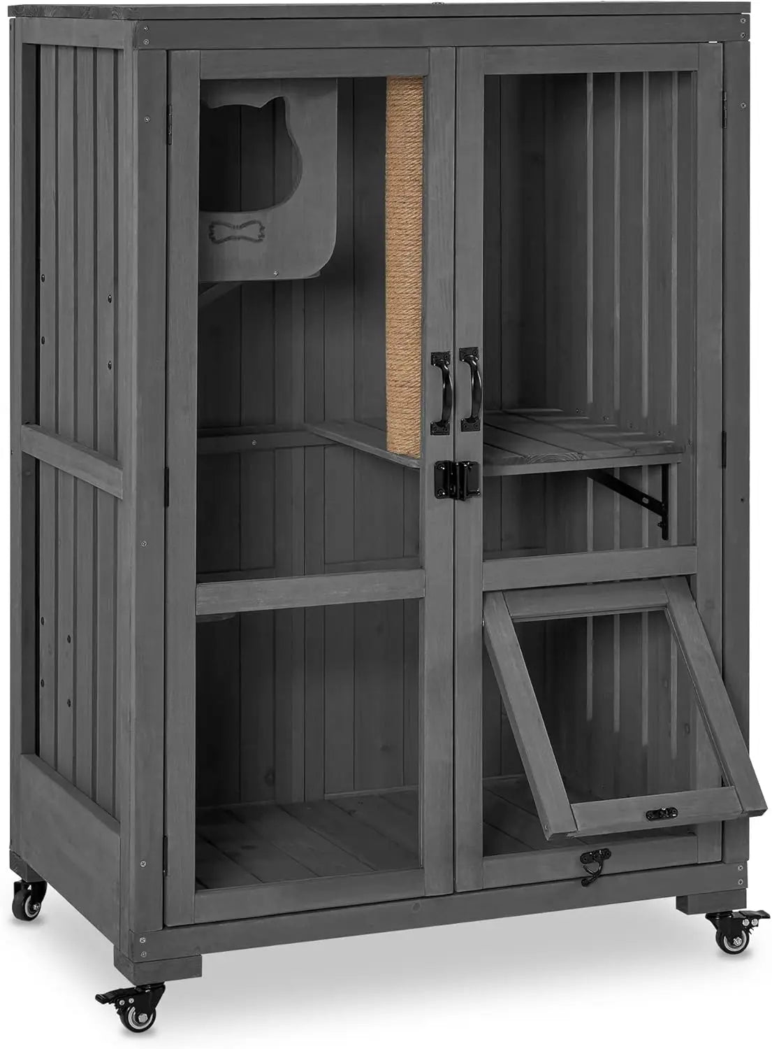 Wooden Large Cat Villa with Wheels with Escape Door
