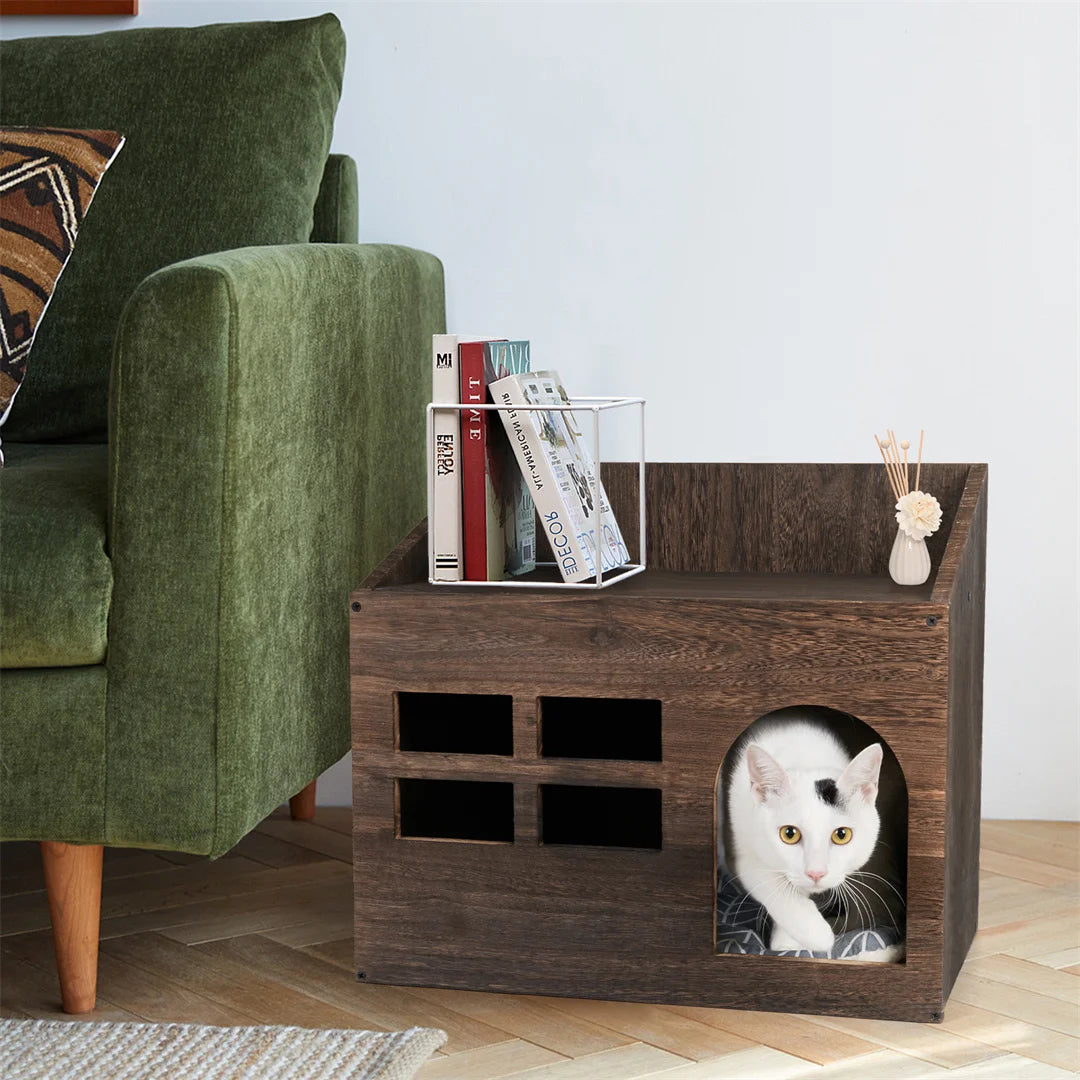 Wooden Cat Cave Bed Furniture Kitten Sleep Lounge House Bed
