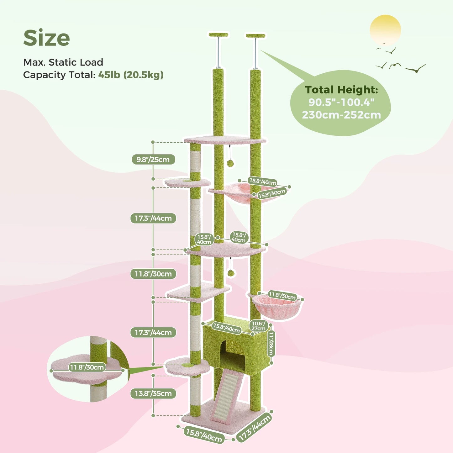 Cactus Cat Tree Floor to Ceiling Cat Tower Adjustable Height