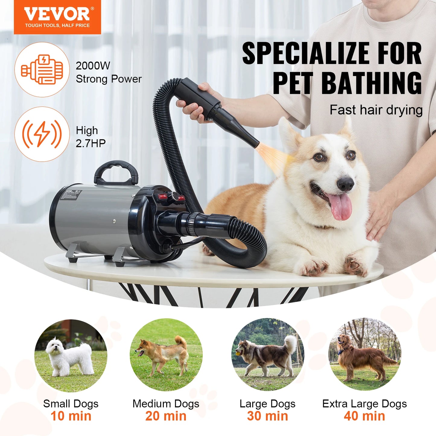 VEVOR 2000W Dog Blow Dryer with Adjustable Speed and Nozzles