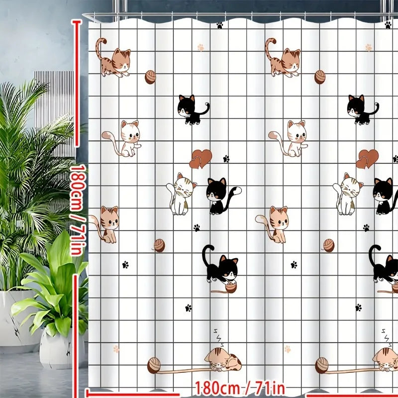 1pc Waterproof Cute Cat Pattern Shower Curtain Easy Install