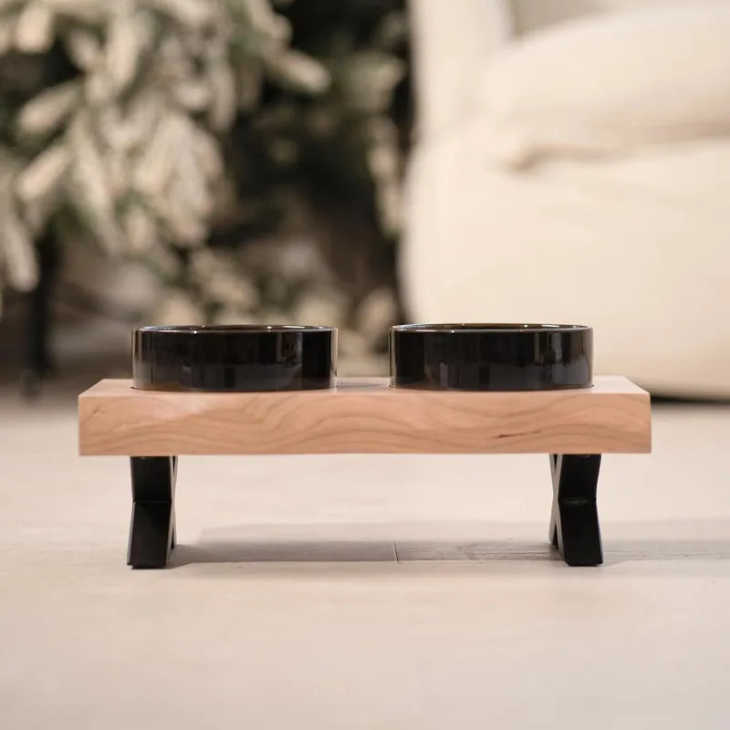 Raised Cat Ceramic Bowls for Small Dog with Wooden Stand
