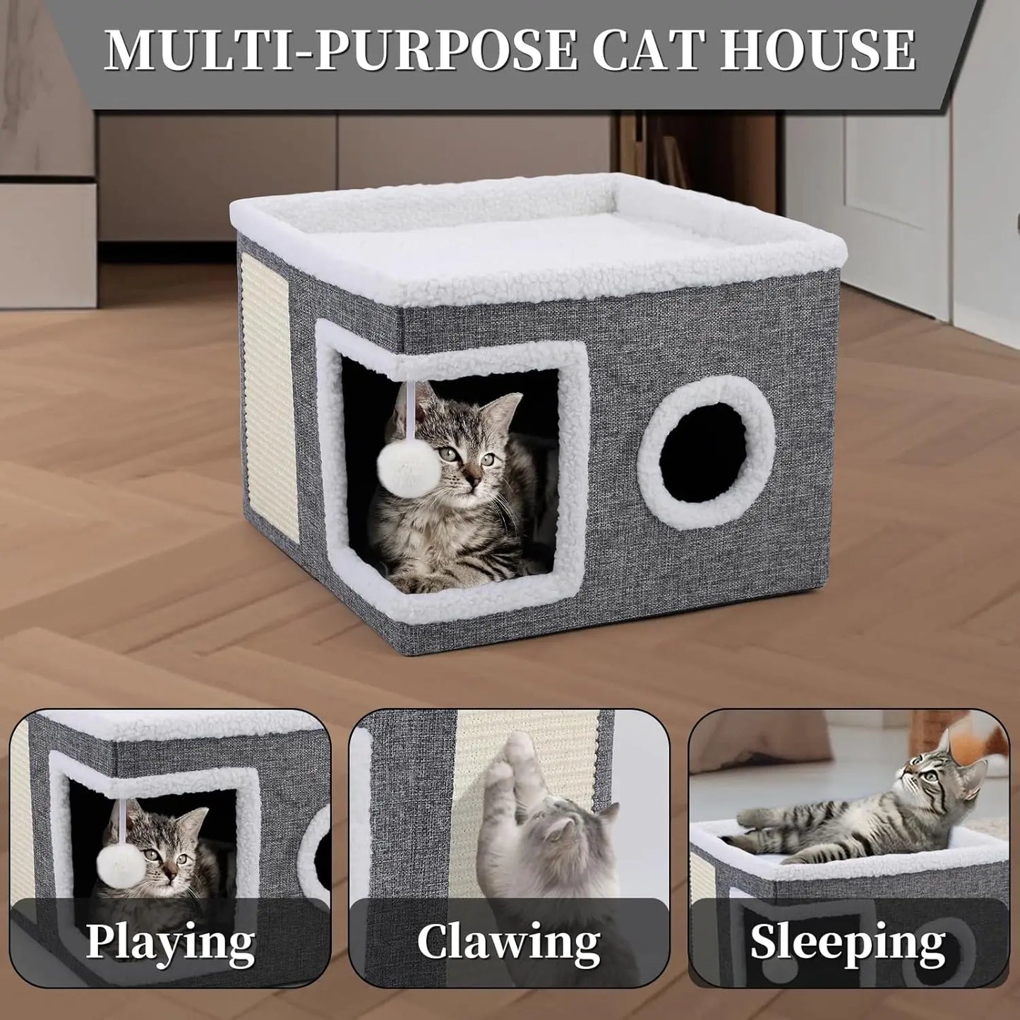 Cat Beds for Indoor Cats, Large Cozy Condo with Ball