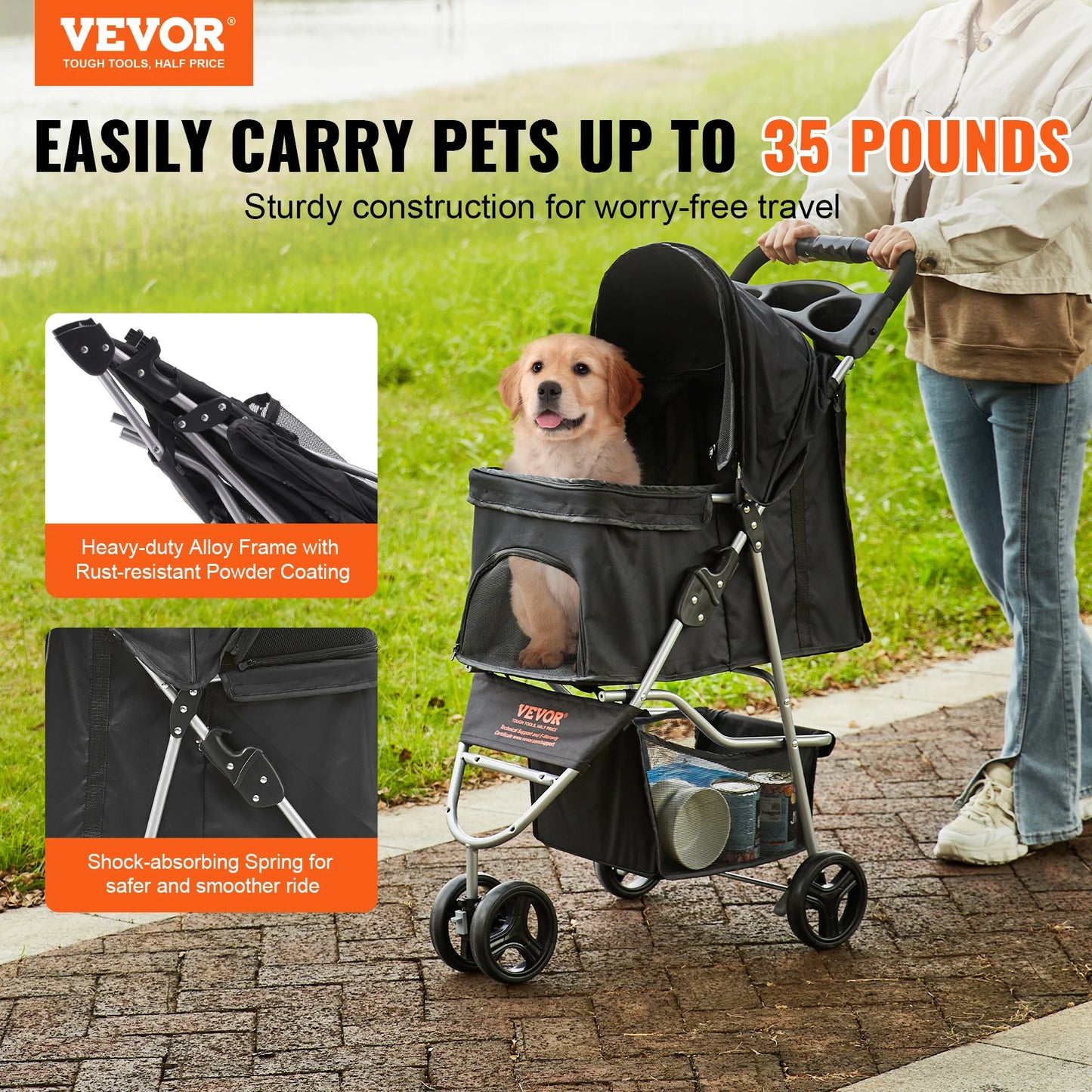 VEVOR 35lbs 3 Wheels Dog Stroller Rotate Black with Basket