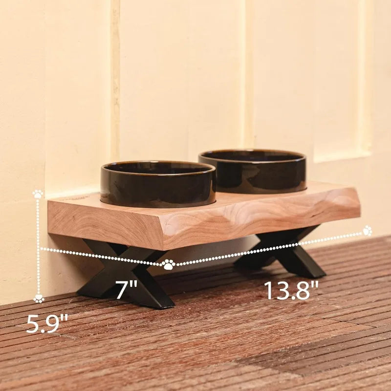 Raised Cat Ceramic Bowls for Small Dog with Wooden Stand