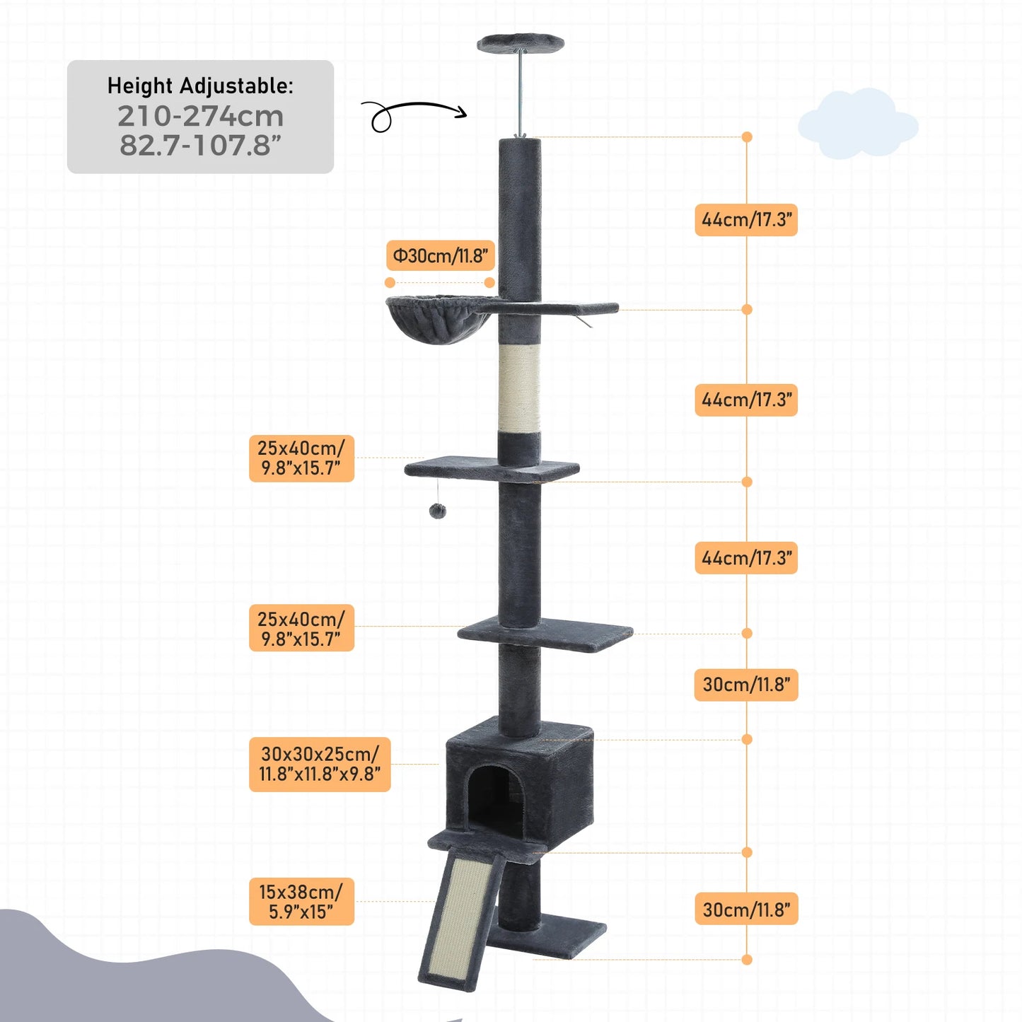 Adjustable Height 210-274CM Cat Tree Floor to Ceiling Tall Cat Tower with Cozy Condo and Scratching Post