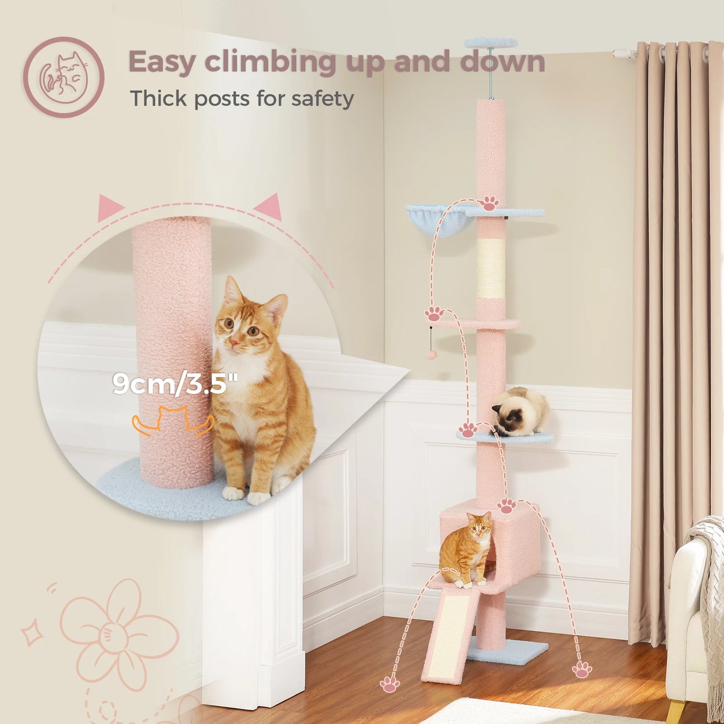 Adjustable Height 210-274CM Cat Tree Floor to Ceiling Tall Cat Tower with Cozy Condo and Scratching Post