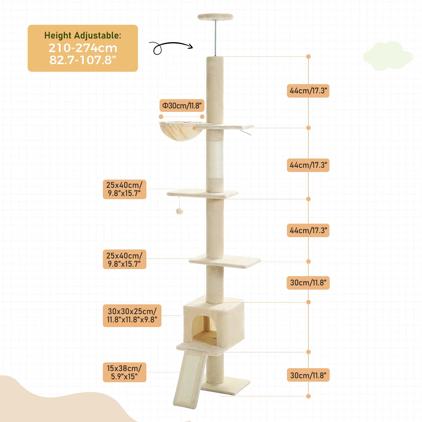Adjustable Height 210-274CM Cat Tree Floor to Ceiling Tall Cat Tower with Cozy Condo and Scratching Post