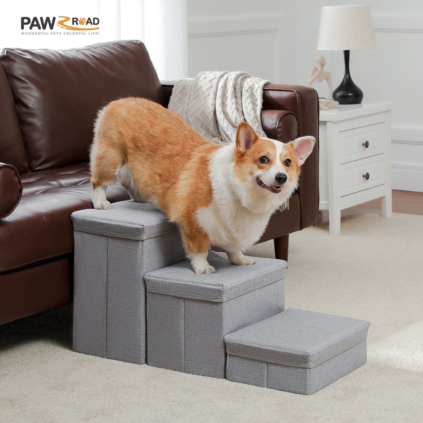 3-Tier Dog Stairs Foldable Pet Stair with Storage Box
