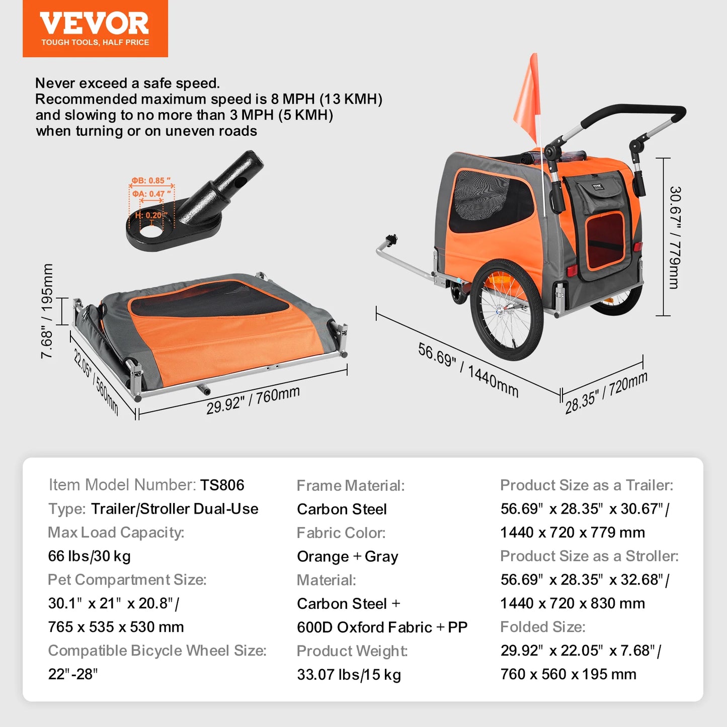VEVOR 66lbs Dog Bike Trailer 2-in-1 Pet Stroller Carrier
