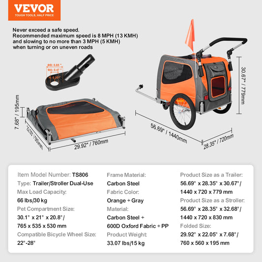 VEVOR 66lbs Dog Bike Trailer 2-in-1 Pet Stroller Carrier