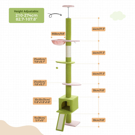 Adjustable Height 210-274CM Cat Tree Floor to Ceiling Tall Cat Tower with Cozy Condo and Scratching Post