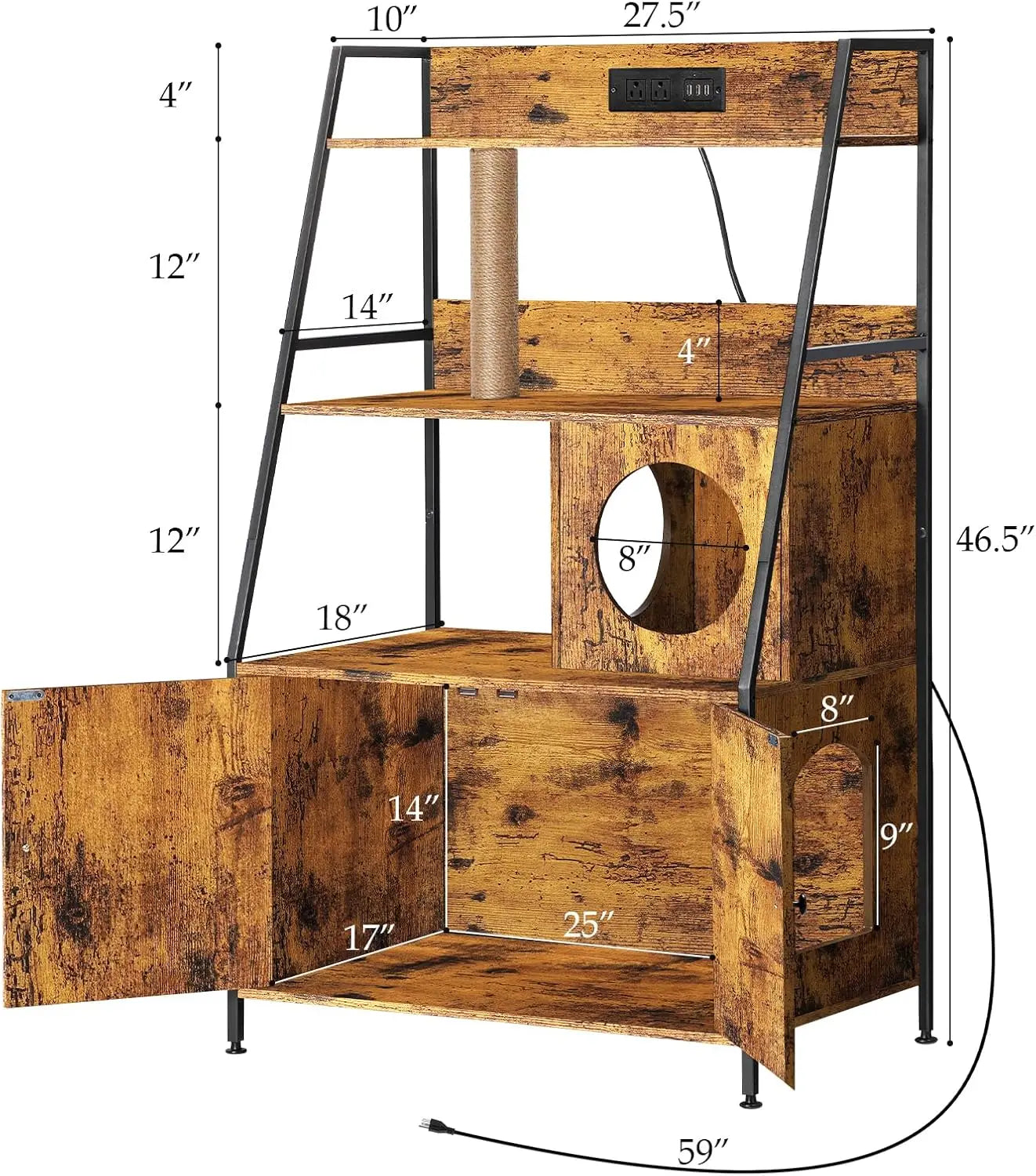 Cat Litter Box Enclosure with 2 Storage Shelves and Cat Tree