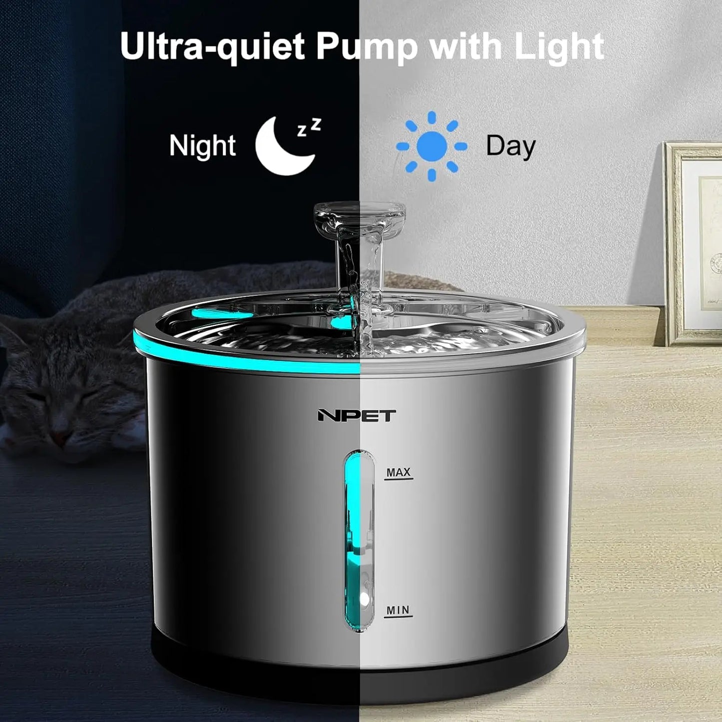 NPET Cat Water Fountain Stainless Steel 50oz Dishwasher Safe