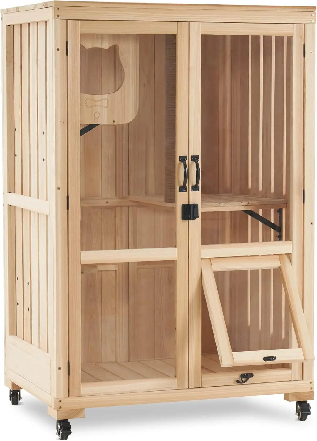 Wooden Large Cat Villa with Wheels with Escape Door
