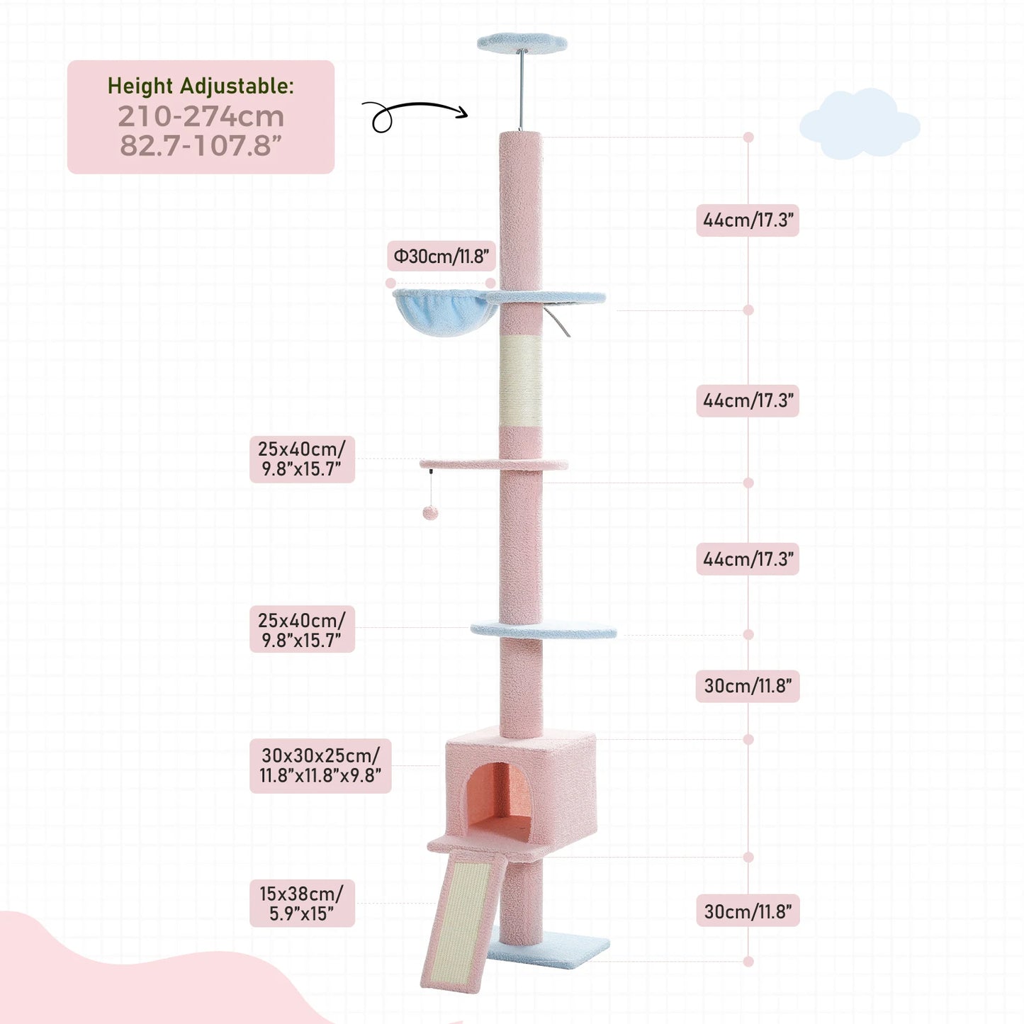 Adjustable Height 210-274CM Cat Tree Floor to Ceiling Tall Cat Tower with Cozy Condo and Scratching Post