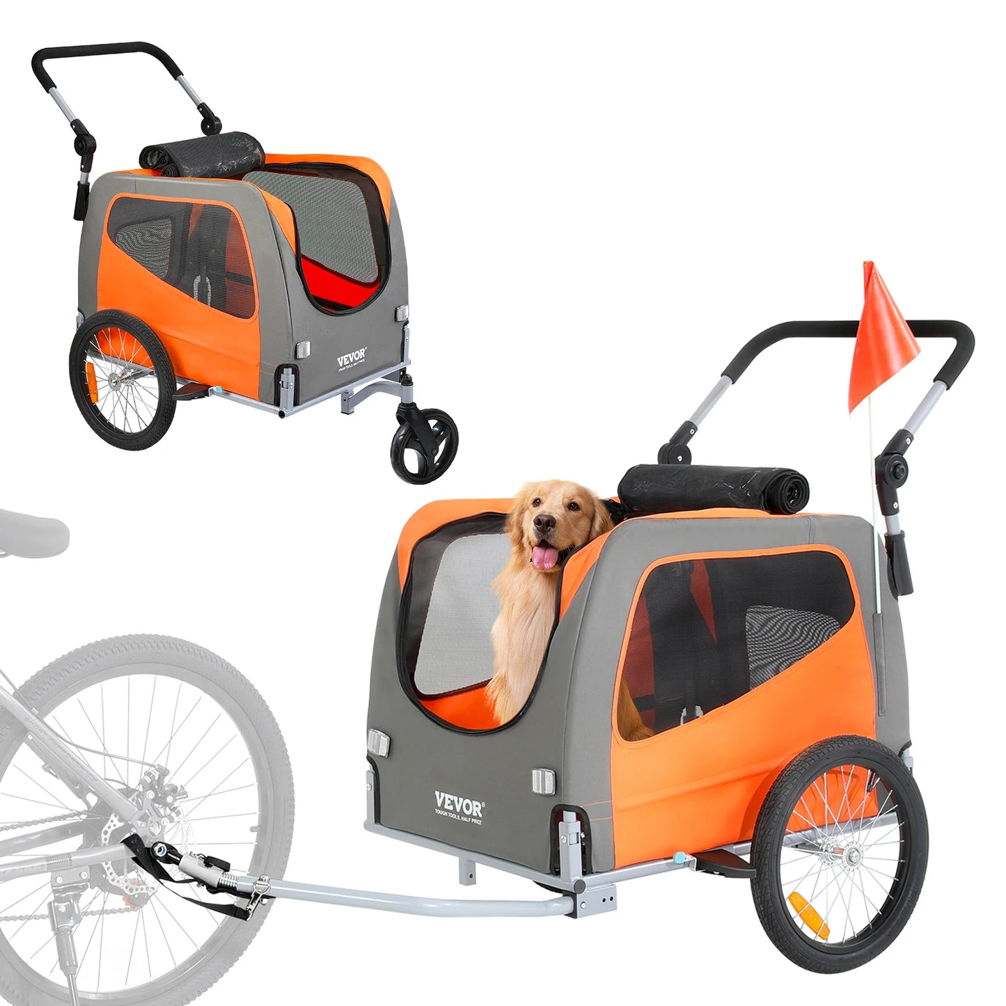 VEVOR 66lbs Dog Bike Trailer 2-in-1 Pet Stroller Carrier