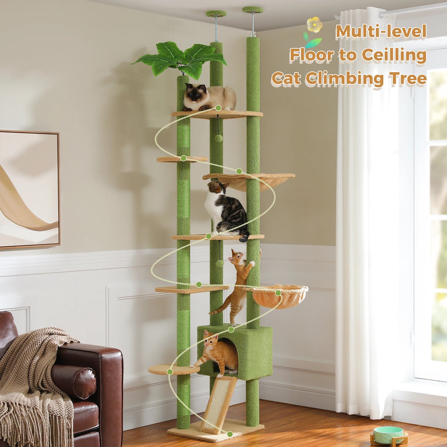 Cactus Cat Tree Floor to Ceiling Cat Tower Adjustable Height